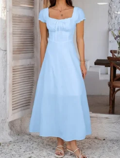 Women's Long Dress Maxi Dress White Dress Casual Dress Swing Dress Summer Dress Fashion Modern Elegant Dress Daily Date Weekend Regular Fit Plain Short Sleeve Square Neck Black White Yellow Navy Blue