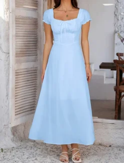 Women's Long Dress Maxi Dress White Dress Casual Dress Swing Dress Summer Dress Fashion Modern Elegant Dress Daily Date Weekend Regular Fit Plain Short Sleeve Square Neck Black White Yellow Navy Blue