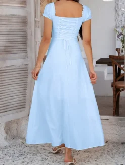 Women's Long Dress Maxi Dress White Dress Casual Dress Swing Dress Summer Dress Fashion Modern Elegant Dress Daily Date Weekend Regular Fit Plain Short Sleeve Square Neck Black White Yellow Navy Blue