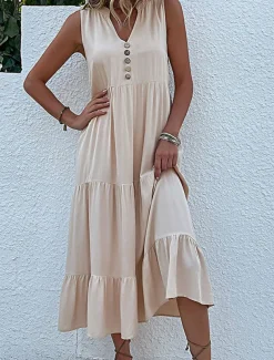 Women's Long Dress Maxi Dress Casual Dress Tank Dress Elegant Stylish Basic Vacation Daily Regular Fit Plain Sleeveless V Neck Black Blue Green Apricot Summer Spring