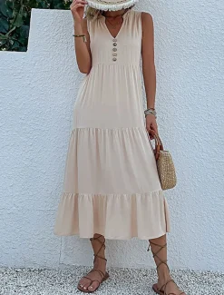Women's Long Dress Maxi Dress Casual Dress Tank Dress Elegant Stylish Basic Vacation Daily Regular Fit Plain Sleeveless V Neck Black Blue Green Apricot Summer Spring