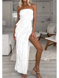 Women's Long Dress Maxi Dress White Dress Graduation Dress Party Dress Elegant Fashion Party Birthday Graduation Regular Fit Plain Sleeveless Strapless White Summer