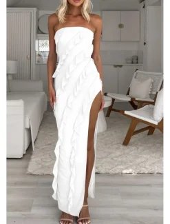 Women's Long Dress Maxi Dress White Dress Graduation Dress Party Dress Elegant Fashion Party Birthday Graduation Regular Fit Plain Sleeveless Strapless White Summer