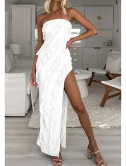 Women's Long Dress Maxi Dress White Dress Graduation Dress Party Dress Elegant Fashion Party Birthday Graduation Regular Fit Plain Sleeveless Strapless White Summer