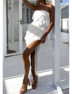 Women's Long Dress Maxi Dress White Dress Graduation Dress Party Dress Elegant Fashion Party Birthday Graduation Regular Fit Plain Sleeveless Strapless White Summer