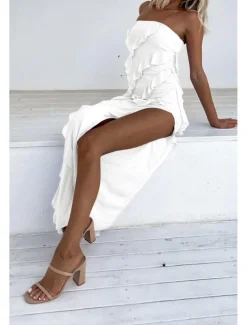 Women's Long Dress Maxi Dress White Dress Graduation Dress Party Dress Elegant Fashion Party Birthday Graduation Regular Fit Plain Sleeveless Strapless White Summer