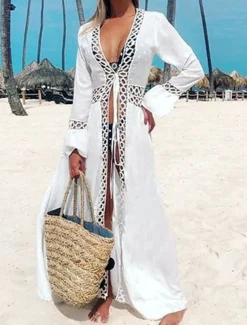 Women's Long Dress Maxi Dress White Dress Summer Dress Boho Dress Cover Up Streetwear Maxi Vacation Holiday Beach Loose Fit Long Sleeve V Neck White Summer