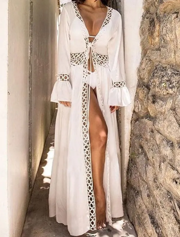 Women's Long Dress Maxi Dress White Dress Summer Dress Boho Dress Cover Up Streetwear Maxi Vacation Holiday Beach Loose Fit Long Sleeve V Neck White Summer