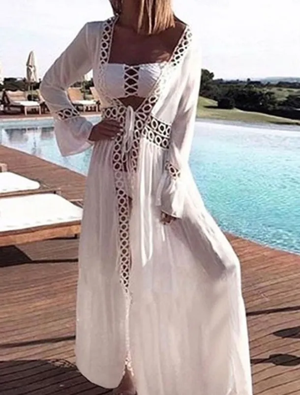 Women's Long Dress Maxi Dress White Dress Summer Dress Boho Dress Cover Up Streetwear Maxi Vacation Holiday Beach Loose Fit Long Sleeve V Neck White Summer