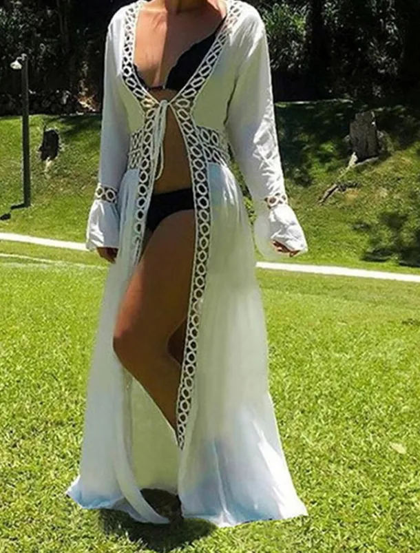 Women's Long Dress Maxi Dress White Dress Summer Dress Boho Dress Cover Up Streetwear Maxi Vacation Holiday Beach Loose Fit Long Sleeve V Neck White Summer