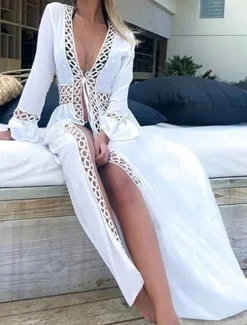 Women's Long Dress Maxi Dress White Dress Summer Dress Boho Dress Cover Up Streetwear Maxi Vacation Holiday Beach Loose Fit Long Sleeve V Neck White Summer