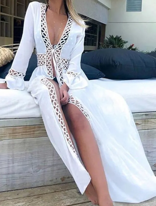 Women's Long Dress Maxi Dress White Dress Summer Dress Boho Dress Cover Up Streetwear Maxi Vacation Holiday Beach Loose Fit Long Sleeve V Neck White Summer