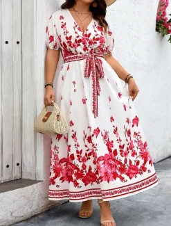 Women's Long Dress Maxi Dress Casual Dress A Line Dress Summer Dress Boho Dress Elegant Hawaiian Stylish Vacation Daily Date Regular Fit Floral Short Sleeve V Neck White Summer
