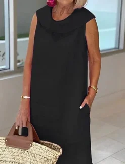 Women's Long Dress Maxi Dress Cotton Linen Dresses Casual Dress Elegant Stylish Basic Vacation Party Work Regular Fit Plain Sleeveless Shirt Collar Black Yellow Pink Blue Summer Spring