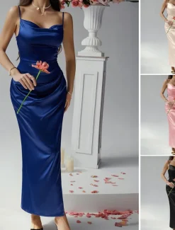 Women's Long Dress Maxi Dress Prom Dress Party Dress Satin Dress Elegant Mature Elegant Dress Wedding Party Wedding Guest Regular Fit Plain Sleeveless Spaghetti Strap Black Champagne Pink Blue Summer