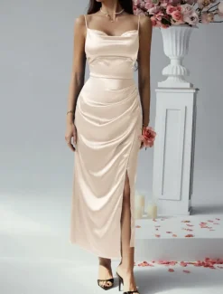 Women's Long Dress Maxi Dress Prom Dress Party Dress Satin Dress Elegant Mature Elegant Dress Wedding Party Wedding Guest Regular Fit Plain Sleeveless Spaghetti Strap Black Champagne Pink Blue Summer