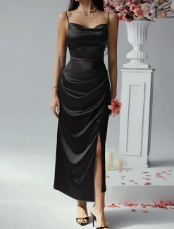 Women's Long Dress Maxi Dress Prom Dress Party Dress Satin Dress Elegant Mature Elegant Dress Wedding Party Wedding Guest Regular Fit Plain Sleeveless Spaghetti Strap Black Champagne Pink Blue Summer