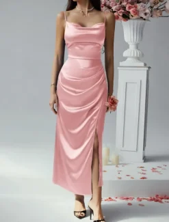 Women's Long Dress Maxi Dress Prom Dress Party Dress Satin Dress Elegant Mature Elegant Dress Wedding Party Wedding Guest Regular Fit Plain Sleeveless Spaghetti Strap Black Champagne Pink Blue Summer