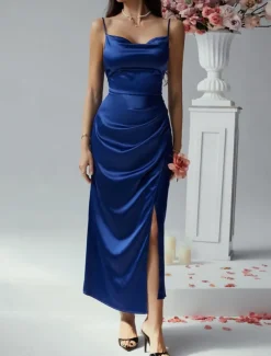 Women's Long Dress Maxi Dress Prom Dress Party Dress Satin Dress Elegant Mature Elegant Dress Wedding Party Wedding Guest Regular Fit Plain Sleeveless Spaghetti Strap Black Champagne Pink Blue Summer