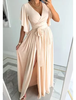 Women's Long Dress Maxi Dress Formal Dress Fashion Flare Cuff Sleeve Party Date Regular Fit Plain Short Sleeve V Neck Black Red Blue Khaki Summer