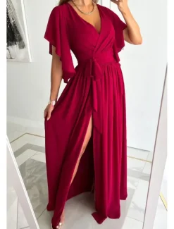 Women's Long Dress Maxi Dress Formal Dress Fashion Flare Cuff Sleeve Party Date Regular Fit Plain Short Sleeve V Neck Black Red Blue Khaki Summer