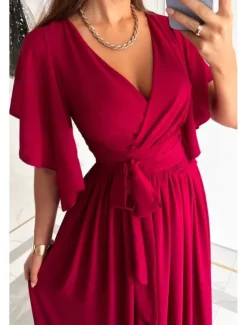Women's Long Dress Maxi Dress Formal Dress Fashion Flare Cuff Sleeve Party Date Regular Fit Plain Short Sleeve V Neck Black Red Blue Khaki Summer