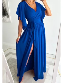 Women's Long Dress Maxi Dress Formal Dress Fashion Flare Cuff Sleeve Party Date Regular Fit Plain Short Sleeve V Neck Black Red Blue Khaki Summer