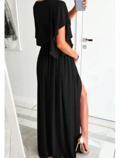 Women's Long Dress Maxi Dress Formal Dress Fashion Flare Cuff Sleeve Party Date Regular Fit Plain Short Sleeve V Neck Black Red Blue Khaki Summer