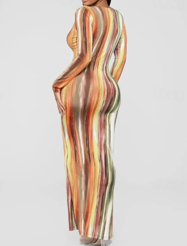 Women's Long Dress Maxi Dress Casual Dress Boho Dress Fashion Modern Outdoor Holiday Date Regular Fit Striped Long Sleeve Deep V Orange Green Gray Summer Spring