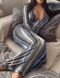 Women's Long Dress Maxi Dress Casual Dress Boho Dress Fashion Modern Outdoor Holiday Date Regular Fit Striped Long Sleeve Deep V Orange Green Gray Summer Spring