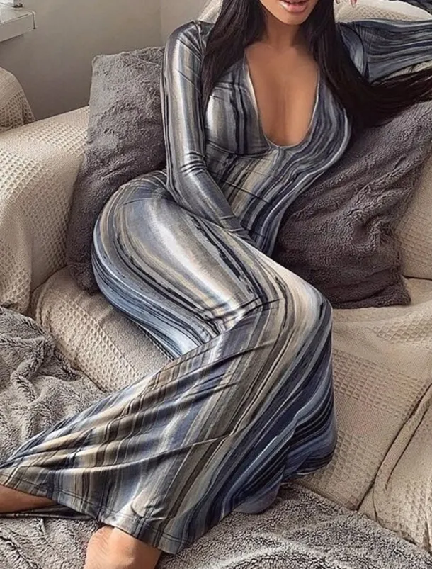 Women's Long Dress Maxi Dress Casual Dress Boho Dress Fashion Modern Outdoor Holiday Date Regular Fit Striped Long Sleeve Deep V Orange Green Gray Summer Spring