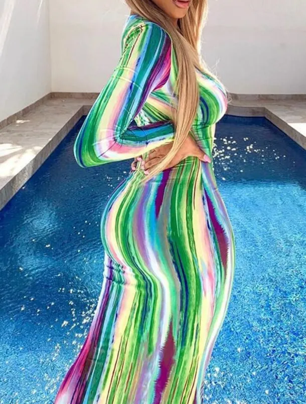 Women's Long Dress Maxi Dress Casual Dress Boho Dress Fashion Modern Outdoor Holiday Date Regular Fit Striped Long Sleeve Deep V Orange Green Gray Summer Spring