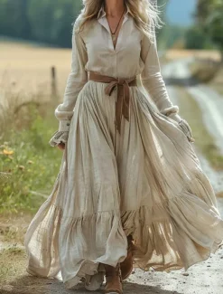 Women's Long Dress Maxi Dress Casual Dress Swing Dress Summer Dress Boho Dress Vintage Vacation Daily Holiday Regular Fit Pure Color Long Sleeve V Neck Beige Summer