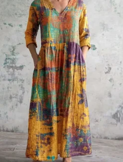 Women's Long Dress Maxi Dress Casual Dress Summer Dress Boho Dress Fashion Vacation Daily Weekend Regular Fit Floral Graphic Long Sleeve V Neck Yellow Green Khaki Rainbow Summer
