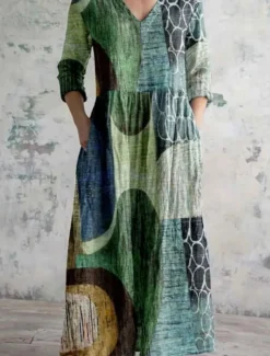 Women's Long Dress Maxi Dress Casual Dress Summer Dress Boho Dress Fashion Vacation Daily Weekend Regular Fit Floral Graphic Long Sleeve V Neck Yellow Green Khaki Rainbow Summer