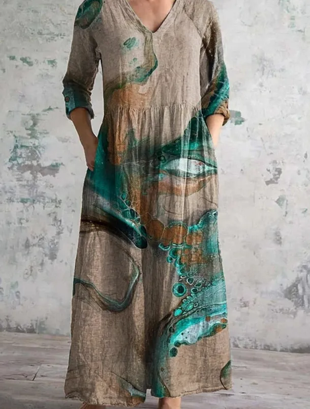 Women's Long Dress Maxi Dress Casual Dress Summer Dress Boho Dress Fashion Vacation Daily Weekend Regular Fit Floral Graphic Long Sleeve V Neck Yellow Green Khaki Rainbow Summer