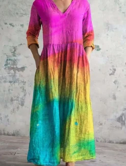 Women's Long Dress Maxi Dress Casual Dress Summer Dress Boho Dress Fashion Vacation Daily Weekend Regular Fit Floral Graphic Long Sleeve V Neck Yellow Green Khaki Rainbow Summer