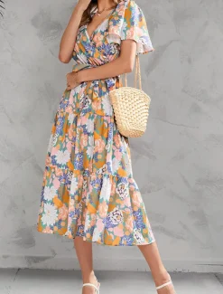 Women's Long Dress Maxi Dress Casual Dress Stylish Casual Vacation Daily Regular Fit Floral Short Sleeve V Neck Yellow Pink Summer Spring