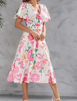 Women's Long Dress Maxi Dress Casual Dress Stylish Casual Vacation Daily Regular Fit Floral Short Sleeve V Neck Yellow Pink Summer Spring