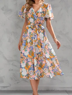 Women's Long Dress Maxi Dress Casual Dress Stylish Casual Vacation Daily Regular Fit Floral Short Sleeve V Neck Yellow Pink Summer Spring