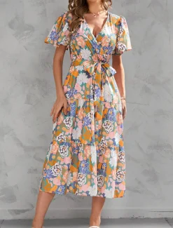 Women's Long Dress Maxi Dress Casual Dress Stylish Casual Vacation Daily Regular Fit Floral Short Sleeve V Neck Yellow Pink Summer Spring