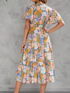 Women's Long Dress Maxi Dress Casual Dress Stylish Casual Vacation Daily Regular Fit Floral Short Sleeve V Neck Yellow Pink Summer Spring