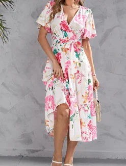 Women's Long Dress Maxi Dress Casual Dress Stylish Casual Vacation Daily Regular Fit Floral Short Sleeve V Neck Yellow Pink Summer Spring