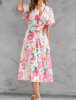 Women's Long Dress Maxi Dress Casual Dress Stylish Casual Vacation Daily Regular Fit Floral Short Sleeve V Neck Yellow Pink Summer Spring