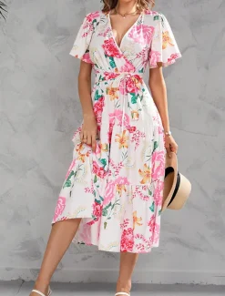 Women's Long Dress Maxi Dress Casual Dress Stylish Casual Vacation Daily Regular Fit Floral Short Sleeve V Neck Yellow Pink Summer Spring