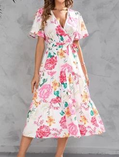 Women's Long Dress Maxi Dress Casual Dress Stylish Casual Vacation Daily Regular Fit Floral Short Sleeve V Neck Yellow Pink Summer Spring