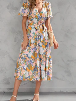 Women's Long Dress Maxi Dress Casual Dress Stylish Casual Vacation Daily Regular Fit Floral Short Sleeve V Neck Yellow Pink Summer Spring