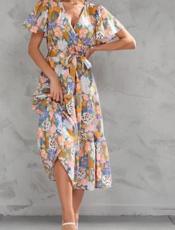 Women's Long Dress Maxi Dress Casual Dress Stylish Casual Vacation Daily Regular Fit Floral Short Sleeve V Neck Yellow Pink Summer Spring
