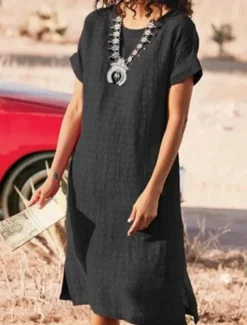 Women's Long Dress Maxi Dress Linen-Inspired Dresses Casual Dress Cotton Linen Dress Stylish Casual Vacation Daily Date Regular Fit Plain Short Sleeve Crew Neck Black Red Summer Spring
