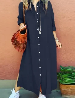 Women's Long Dress Maxi Dress Linen-Inspired Dresses Shirt Dress Casual Dress Cotton Linen Dress Stylish Casual Vacation Daily Date Regular Fit Plain Long Sleeve Lapel Pink Navy Blue Brown Summer